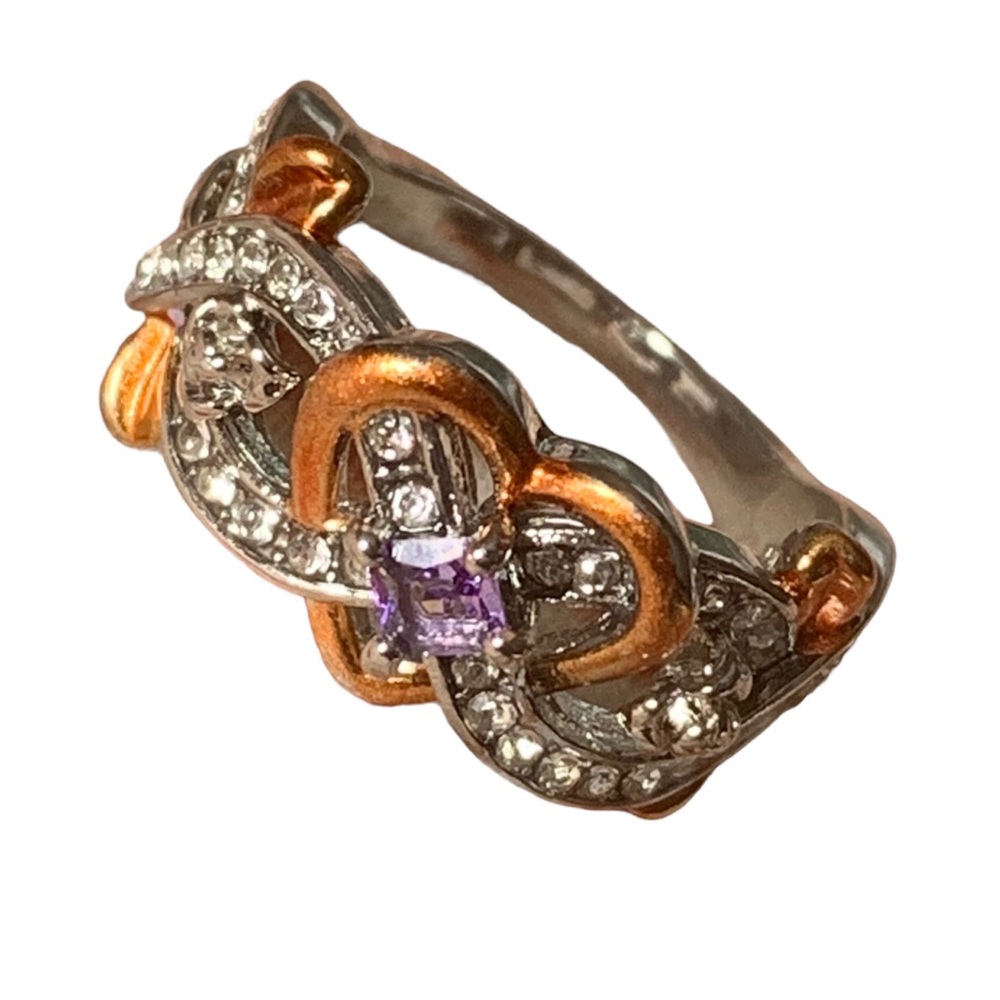 Amethyst Purple & Cubic Zirconia Silver  Rose Gold Plated Heart Wedding Ring